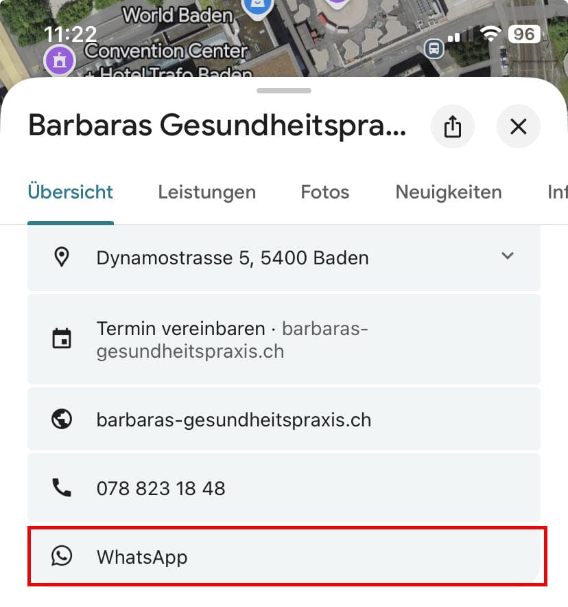 Google My Business mit WhatsApp Button aktiviert Barbara Gesundheitspraxis